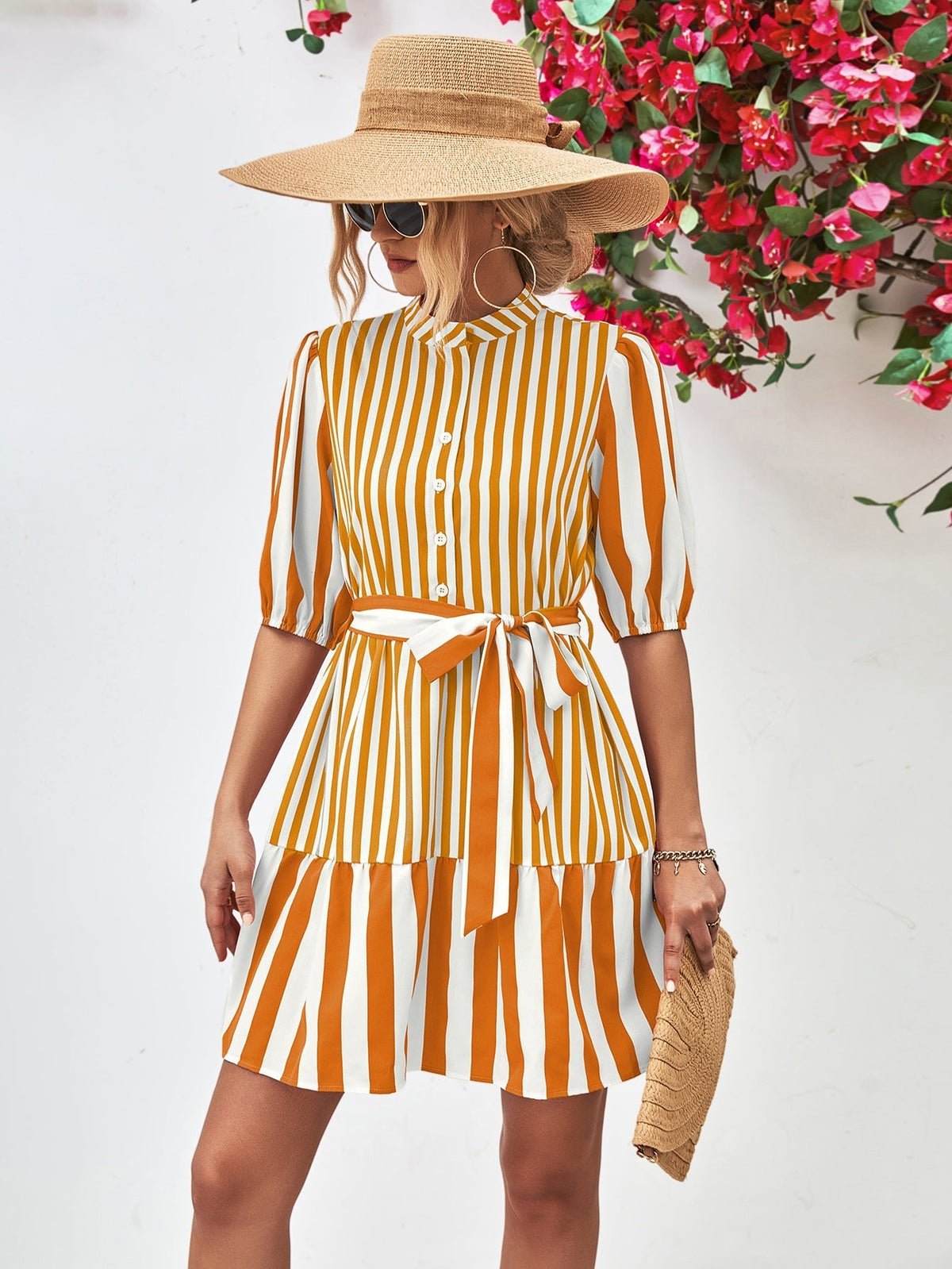 Striped Puff Sleeve Button Front Belted Ruffle Hem Mini Dress 7