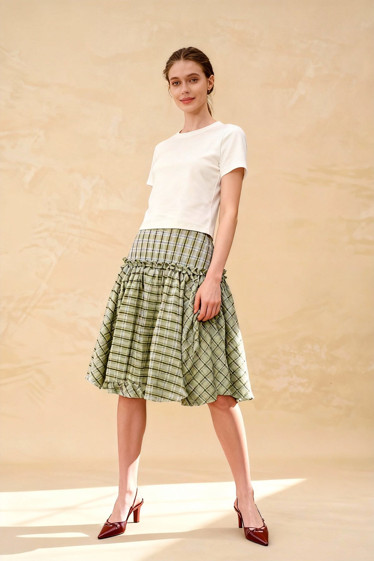 Plaid High Waist Ruffle Trim Tiered A-Line Midi Skirt 3