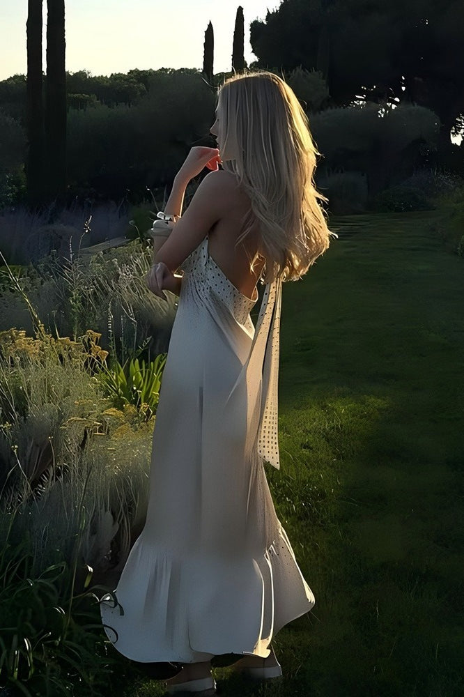 Polka Dot Halter Neck Backless Tie Back Ruffle Hem Maxi Dress