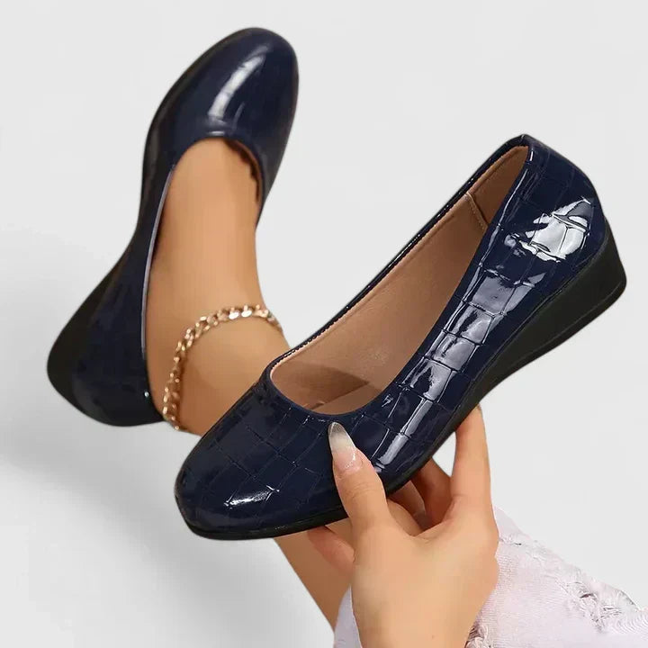 Croc Print Square Toe Slip On Wedge Pumps