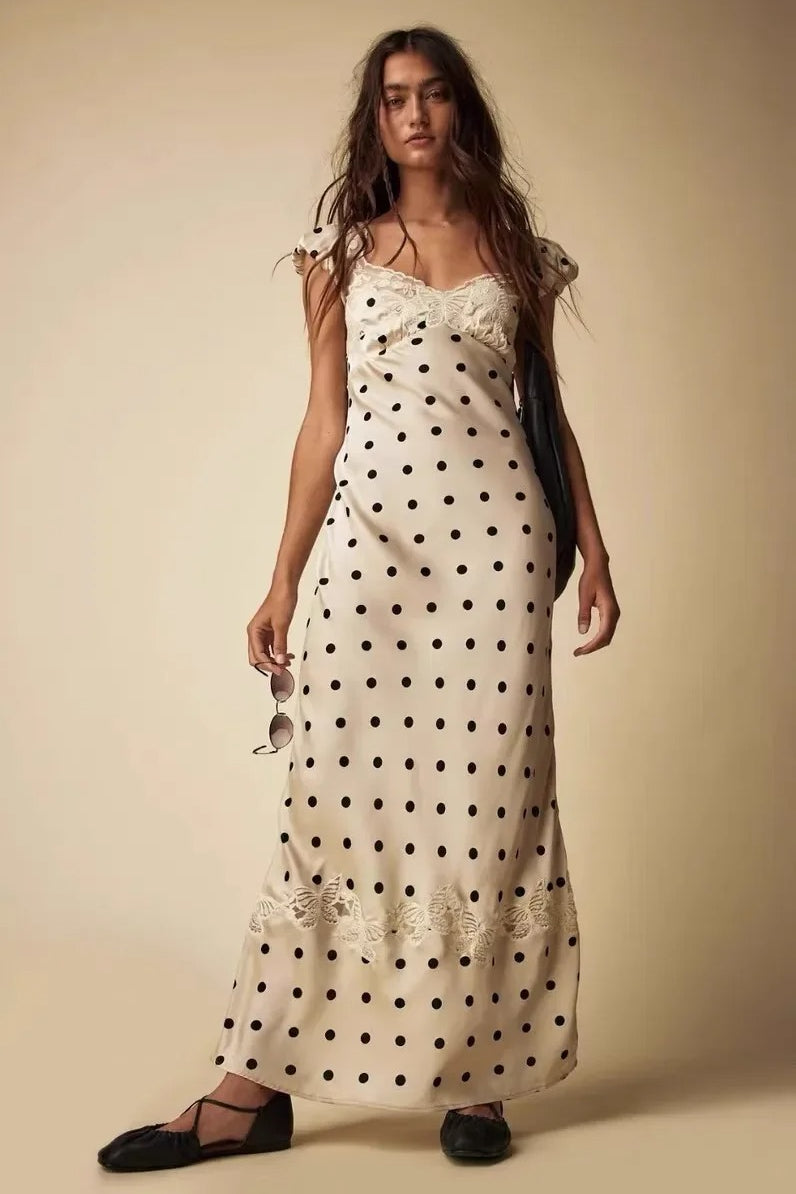 Polka Dot Satin Lace Trim V-Neck Cap Sleeve Maxi Slip Dress