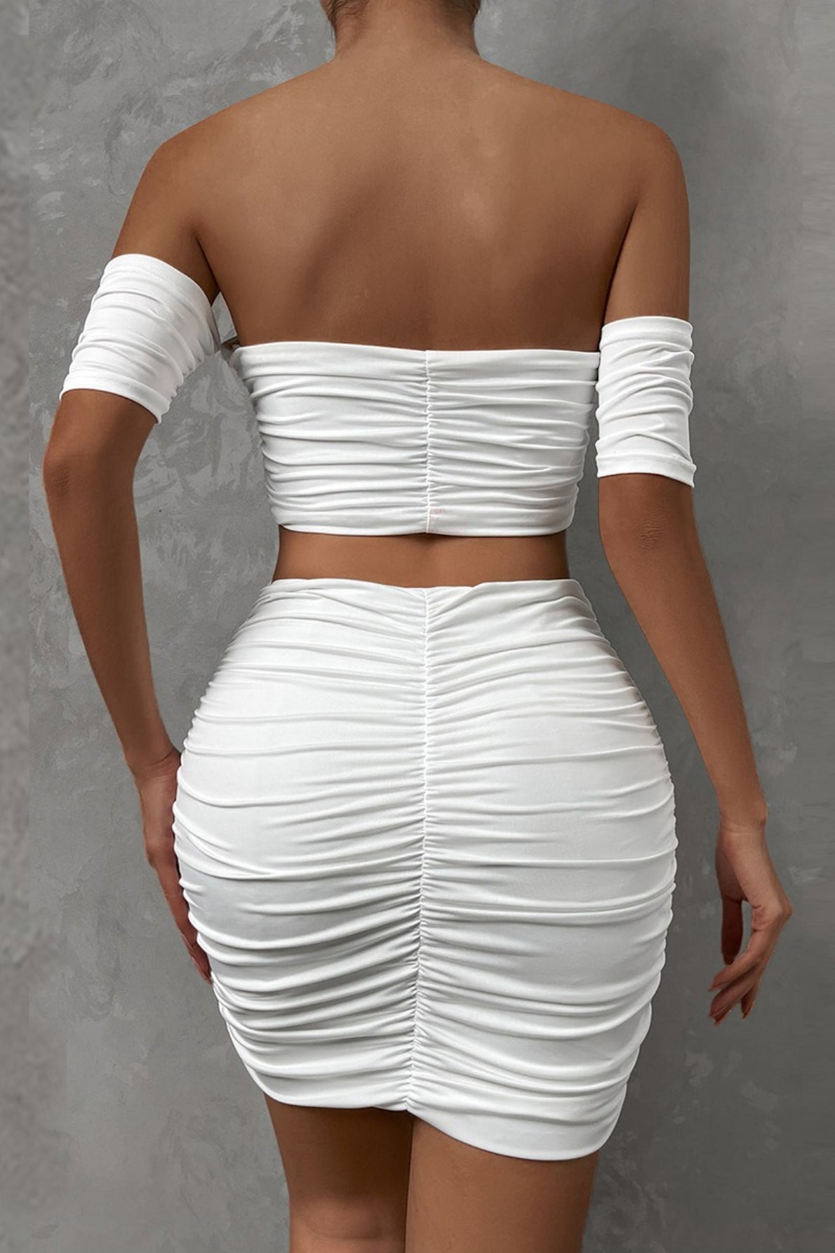 Off Shoulder Ruched Crop Top and High Waist Skirt Two Piece Set 3