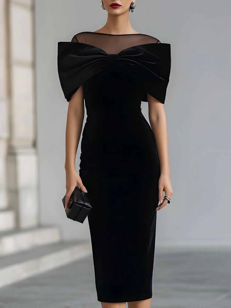 Velvet Mesh Neck Oversized Bow Bodycon Midi Dress