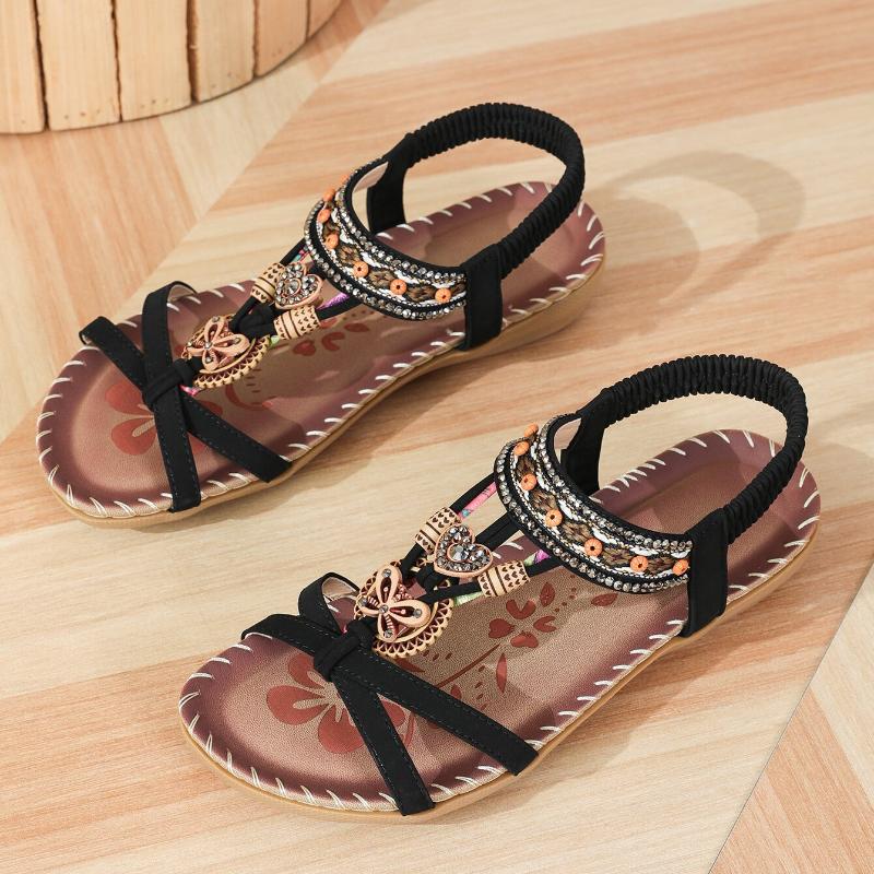 Beaded Boho T-Strap Flat Sandals