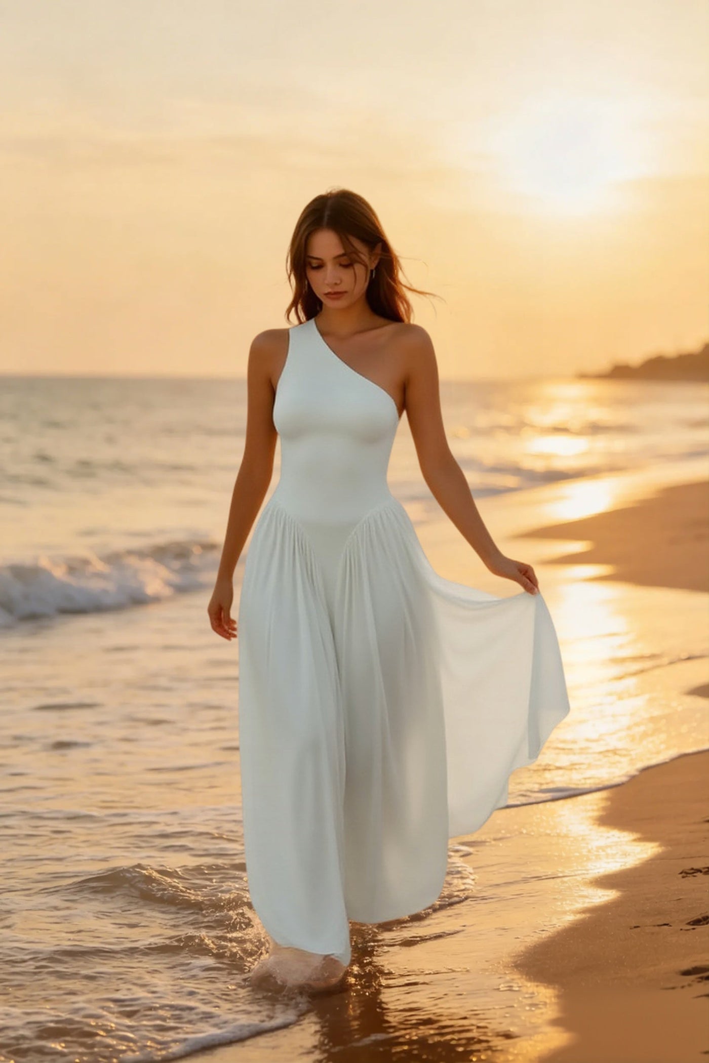 Solid One Shoulder Ruched Maxi A Line Party Dress 2