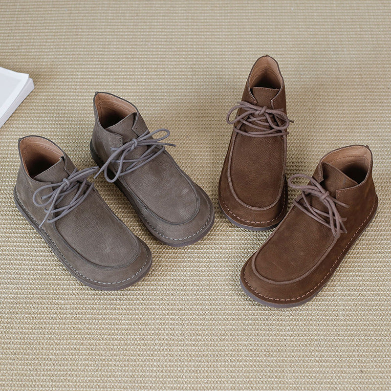 Genuine Leather Soft Flat Boots For Women Round Toe Lace Up Mori Girl Style Wide Fit Grey/Coffee