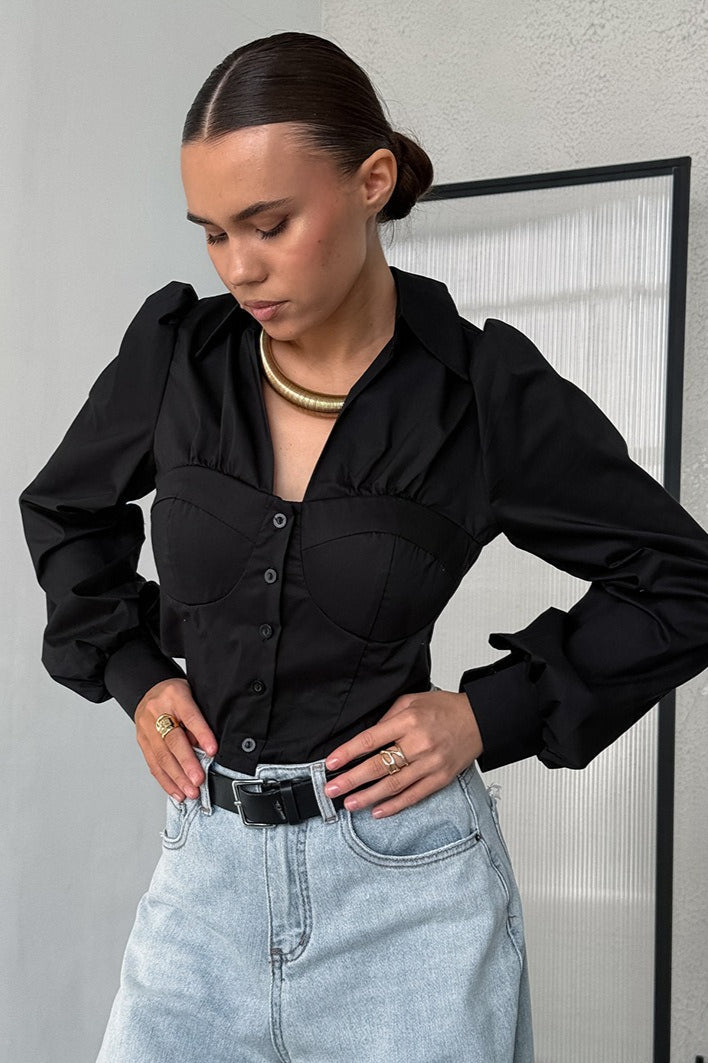 Collared Long Sleeve Bustier Seam Button Front Fitted Shirt 4