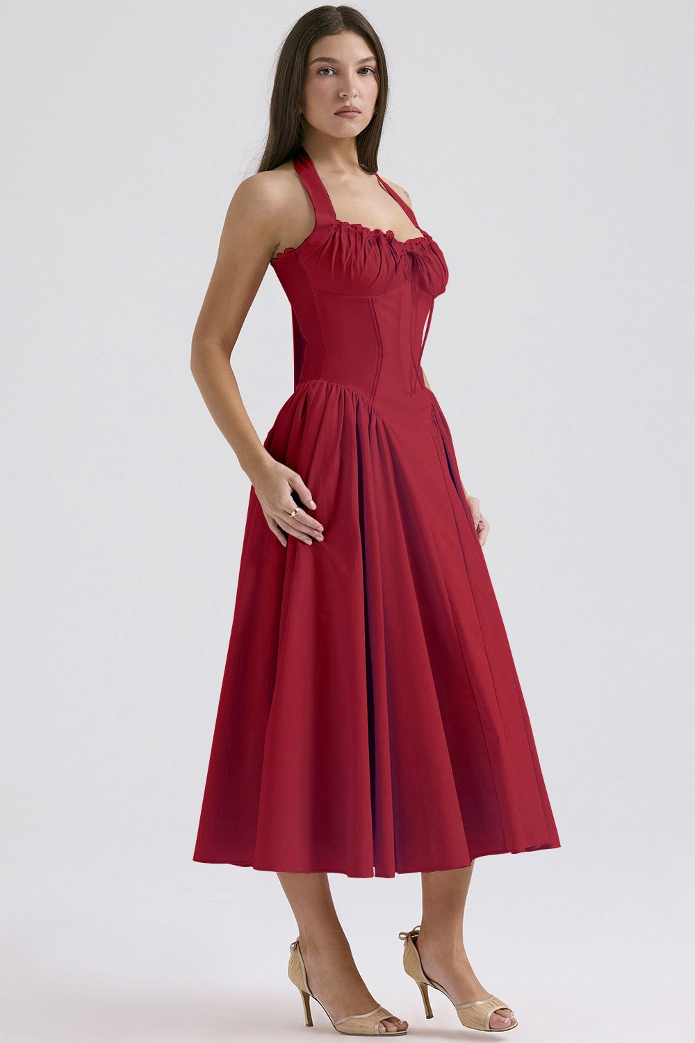 Halter Neck Ruched Corset Fit and Flare Midi Dress