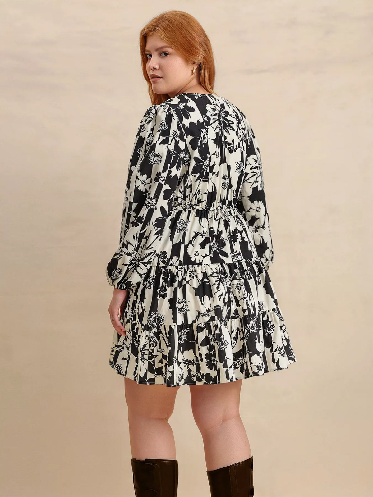 Floral Print V-Neck Balloon Sleeve Tiered Mini Dress 7