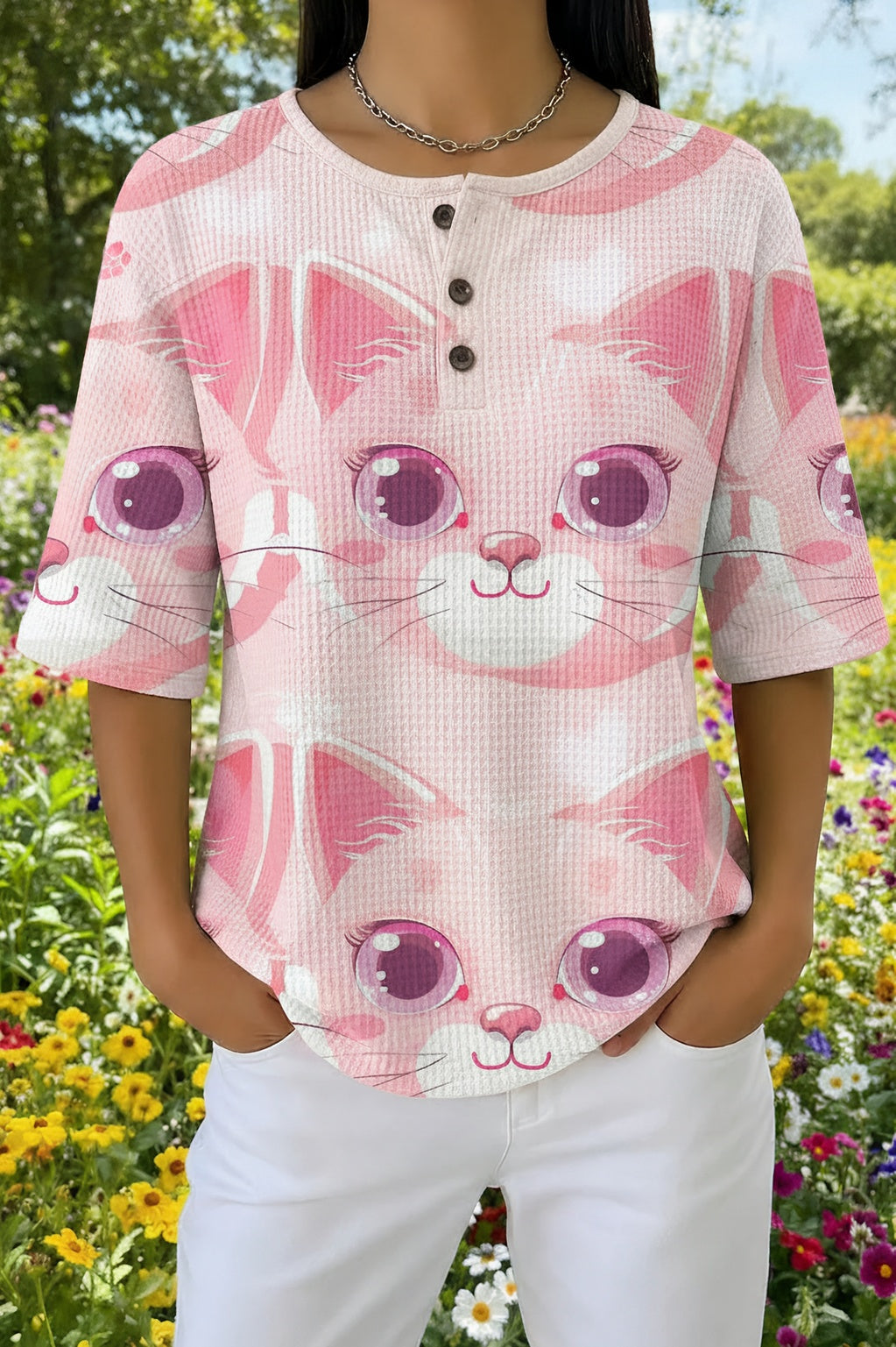 Womens Pink Striped Cartoon Cat Print Casual Henley Shirt