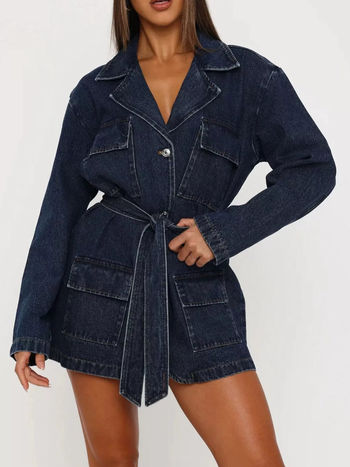 Belted Lapel Collar Flap Pocket Longline Denim Jacket