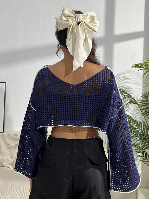 Number Patch Open Knit Flare Sleeve Contrast Trim Crop Top 8