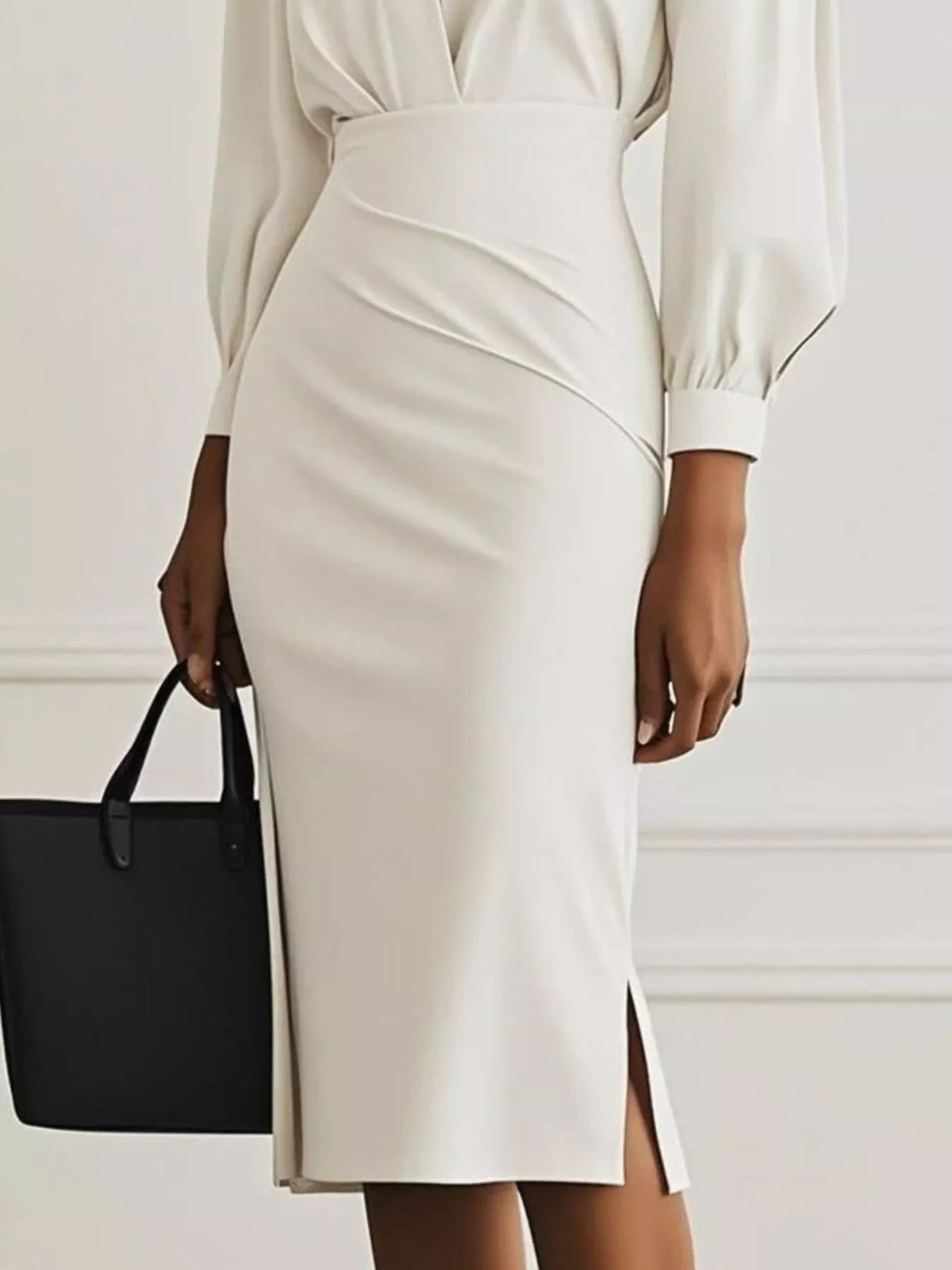 Collared V-Neck Puff Sleeve Ruched Side Slit Midi Shirt Dress 9