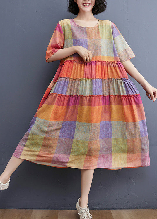 Plaid Print Crew Neck Short Sleeve Tiered Ruffle Oversized Midi Dress