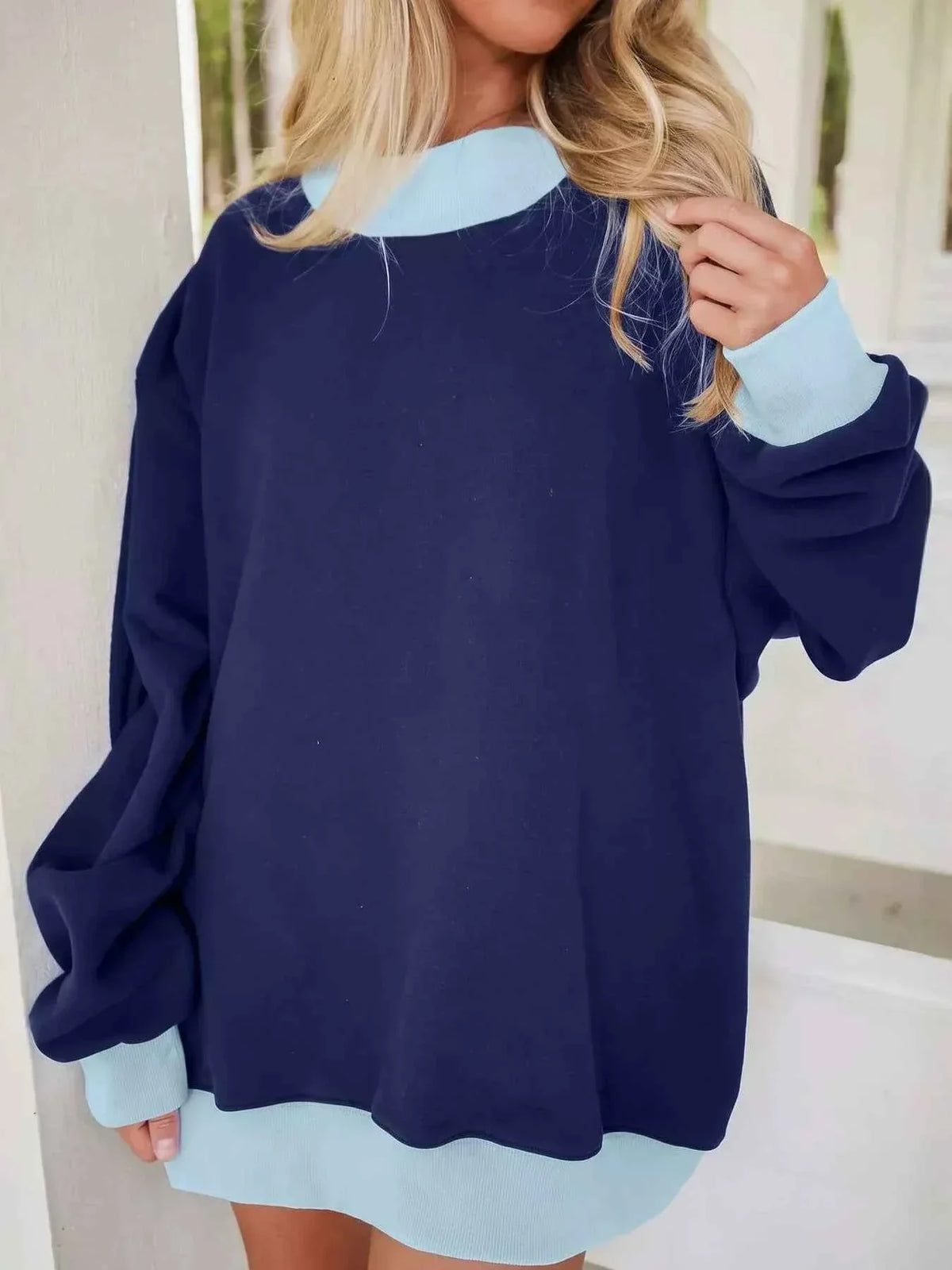 Oversized Contrast Trim Crew Neck Drop Shoulder Longline Sweatshirt 4