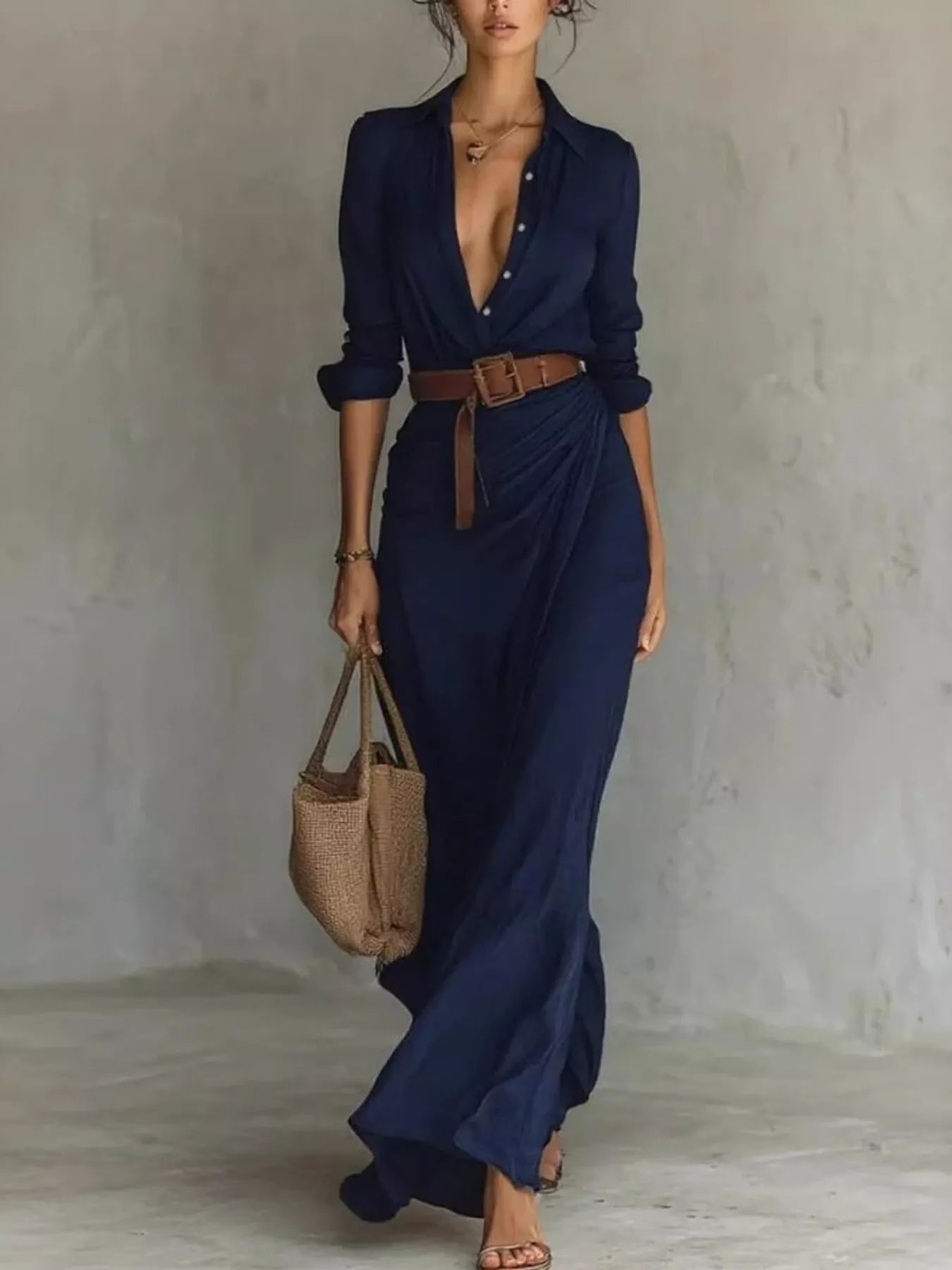 Full Size Ruched Long Sleeve Maxi Dress Plus Size Navy