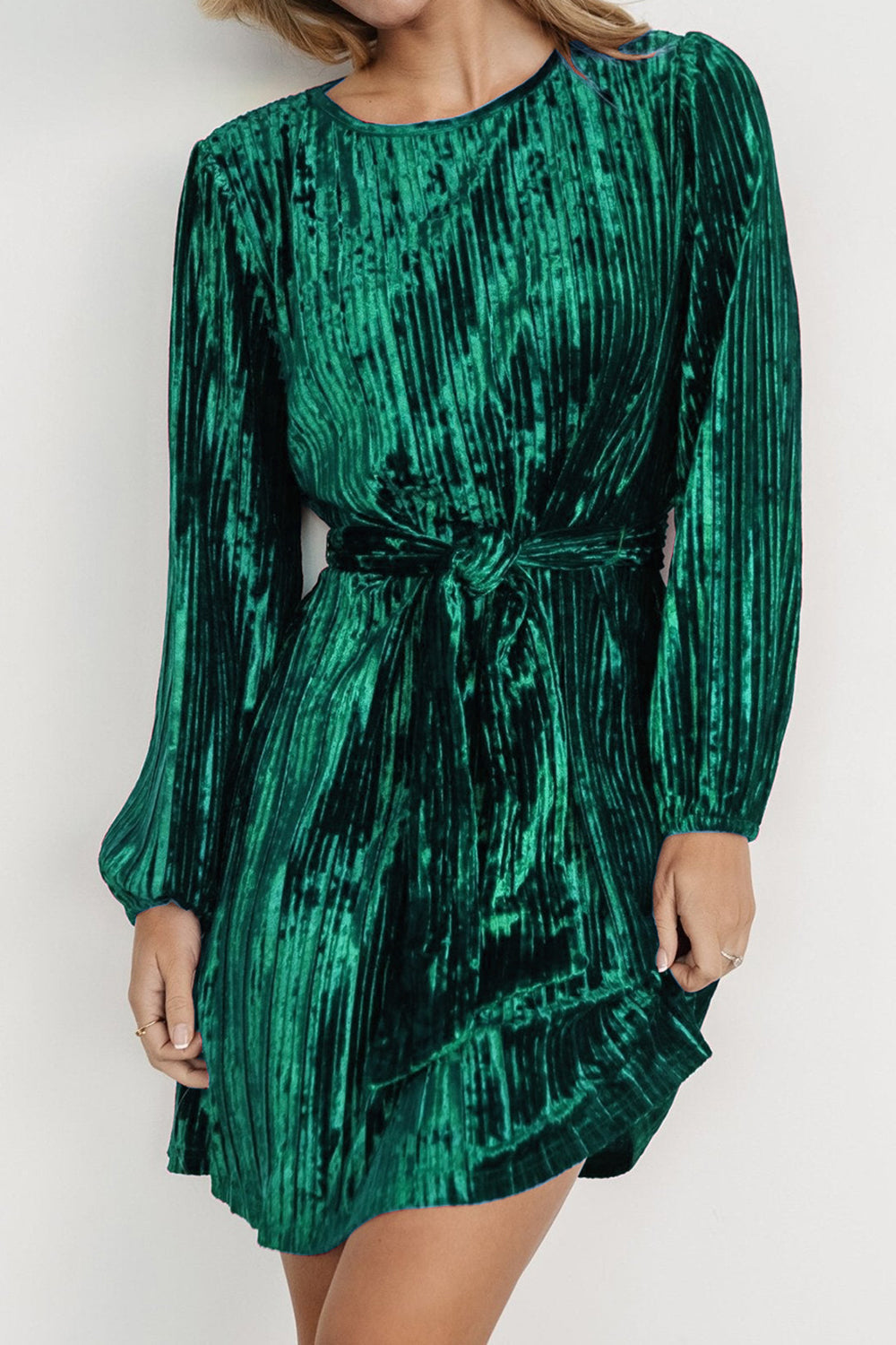 Crushed Velvet Round Neck Long Sleeve Tie Waist Mini Dress 5