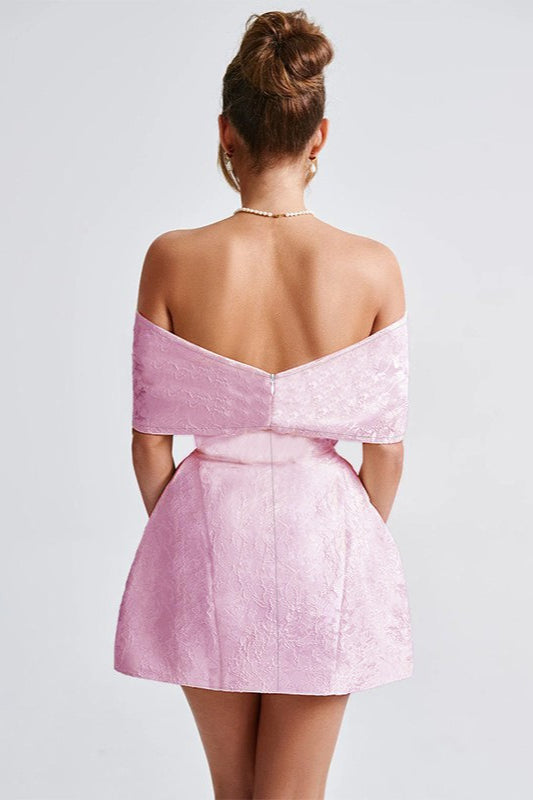 Off Shoulder Bow Detail Jacquard Floral Texture A-Line Mini Dress