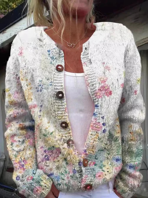 Round Neck Floral Print Button Front Knit Cardigan