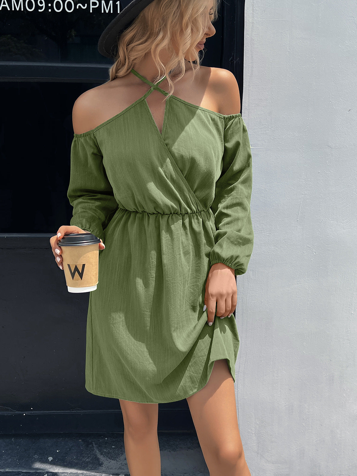 Cold-Shoulder Crisscross Mini Dress Matcha Green