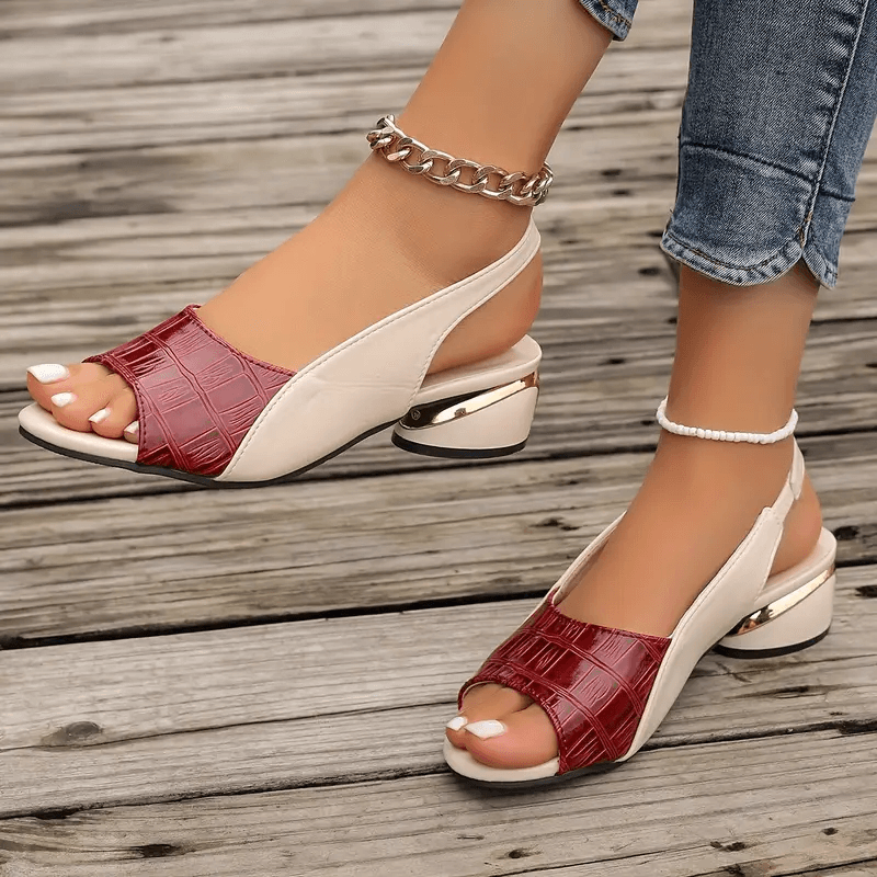 Open Toe Slingback Croc Embossed Block Heel Sandals
