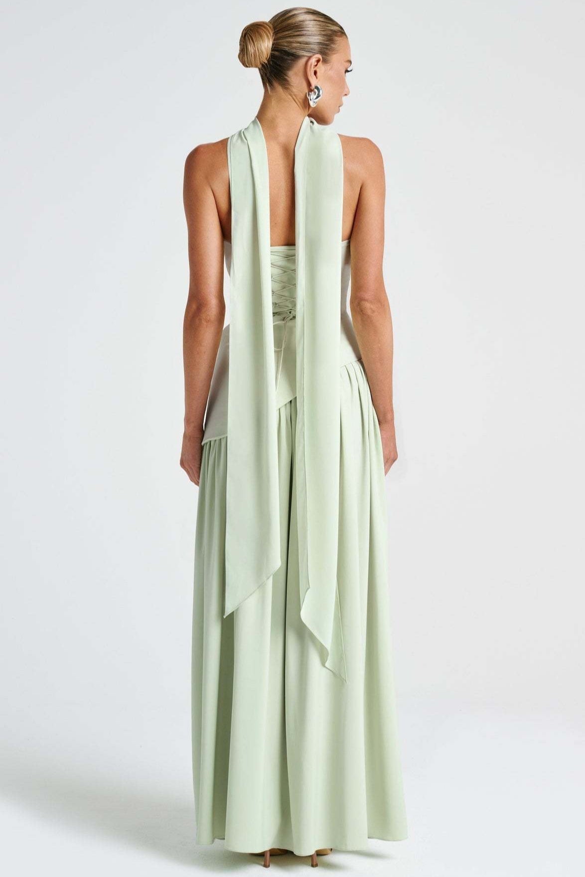 Strapless Scarf Neck High Split Draped Maxi Gown