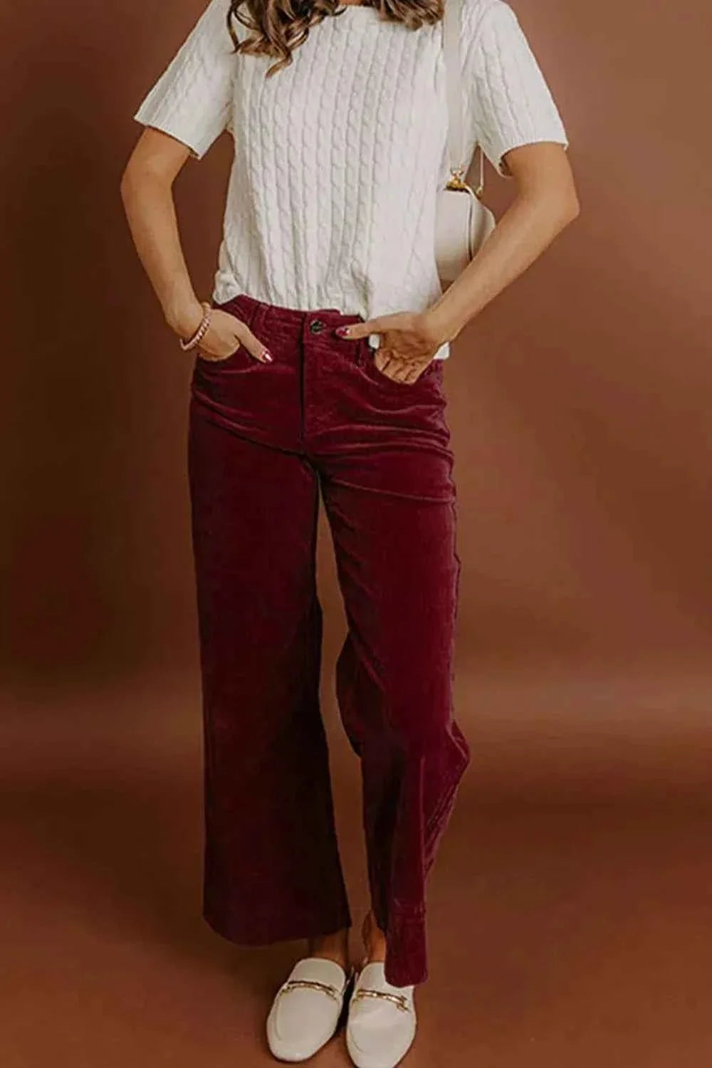 Corduroy Solid Color High Waist Wide Leg Pants