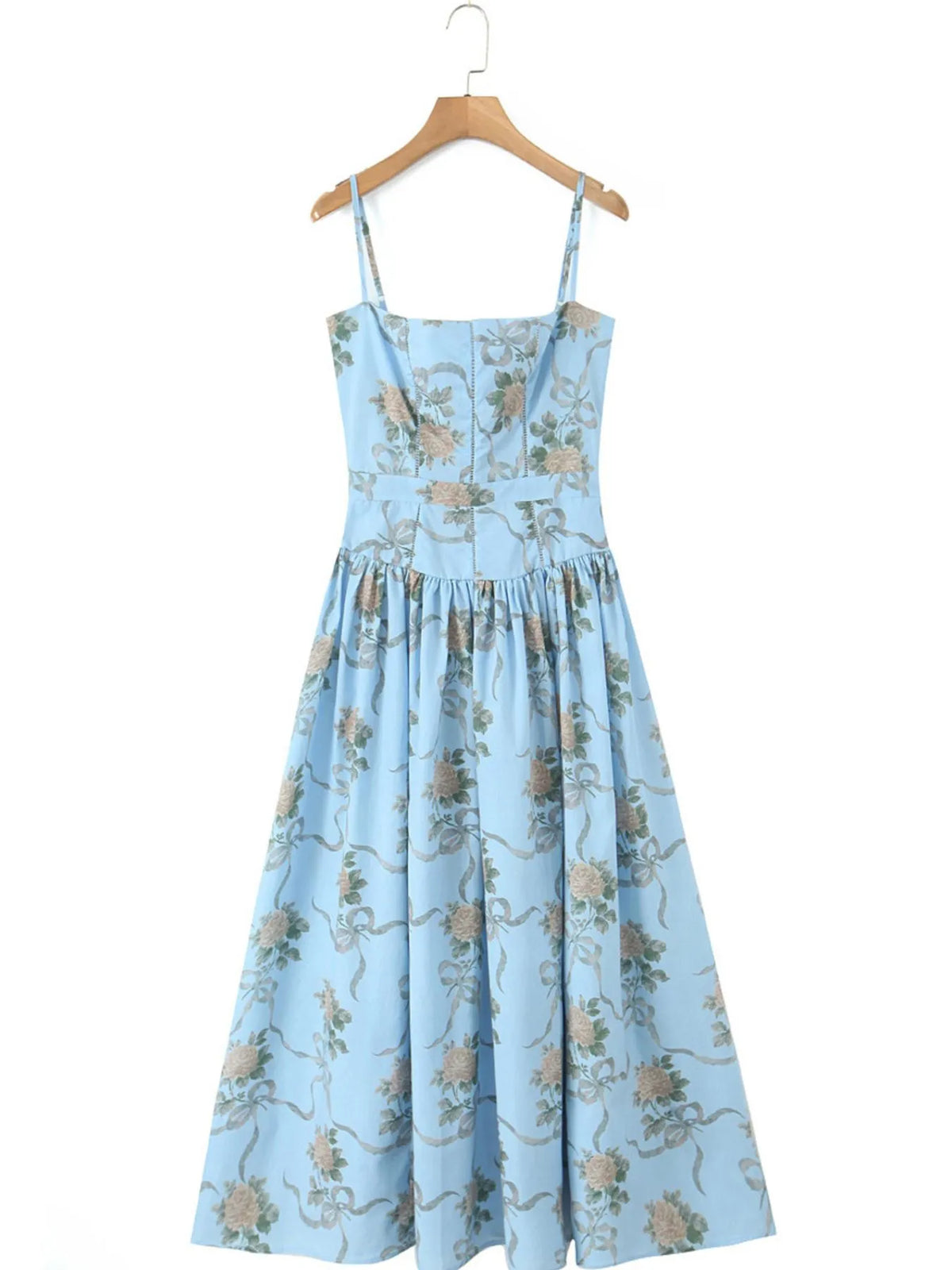 Floral Ribbon Print Corset Bodice Cami Pleated Midi Dress 4