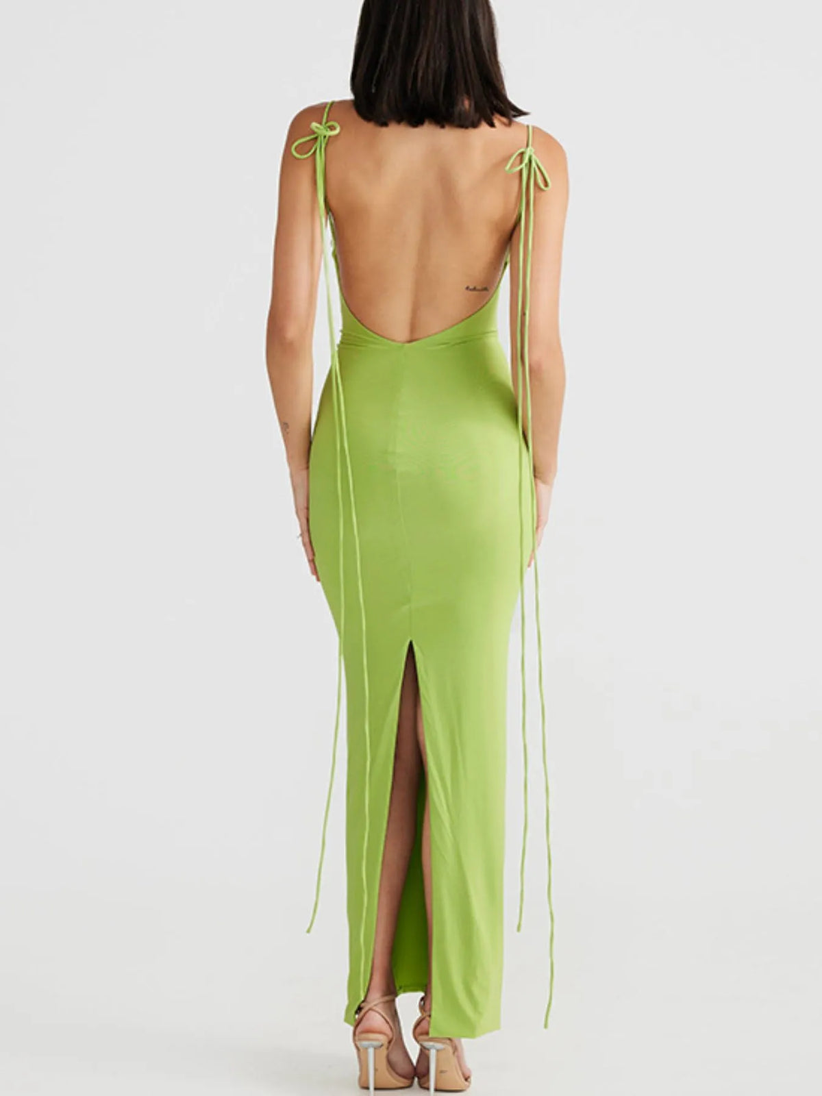 Asymmetric Neck Ruched Bust Tie Strap Open Back Bodycon Maxi Dress 22