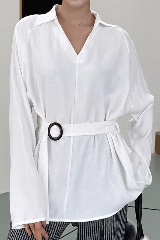 Collared V-Neck Long Sleeve Ring Buckle Belted Tunic Blouse