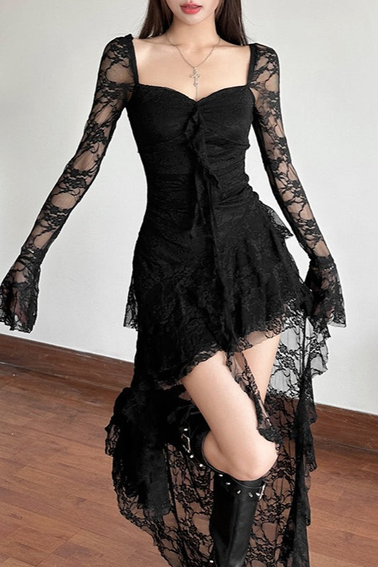 Long Sleeve Irregular Hem Lace Dress 4