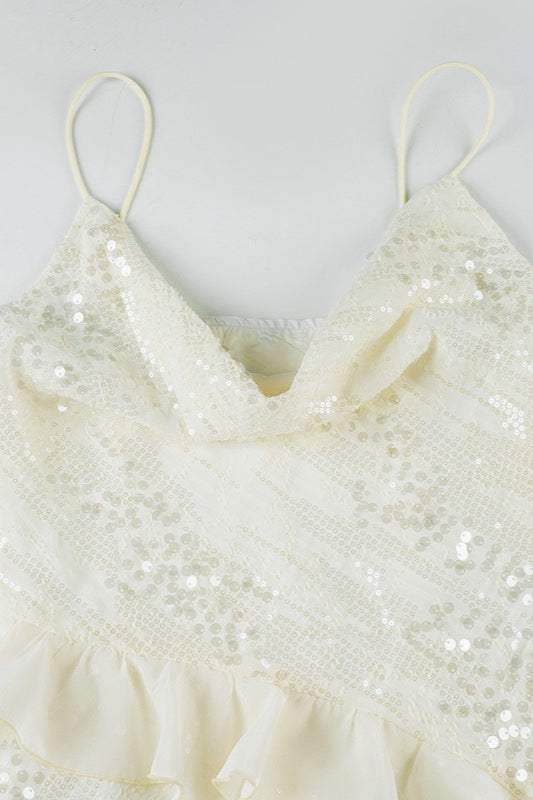 Sequin Spaghetti Strap Cowl Neck Ruffle Slip Mini Dress