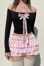 Pink Low Waist Bow Back Pleated Skirt