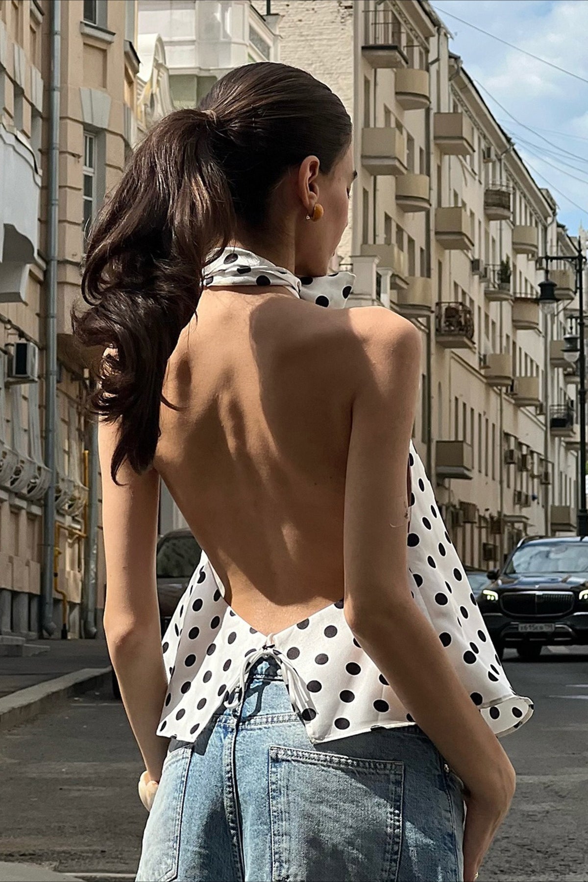 Polka Dot Satin Bow Tie Backless Cami Crop Top