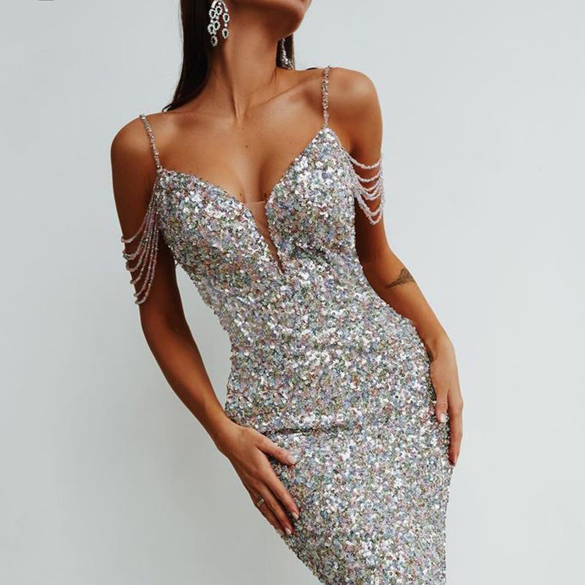 Sequin Cold Shoulder Chain Strap Plunge Bodycon Mini Dress 8