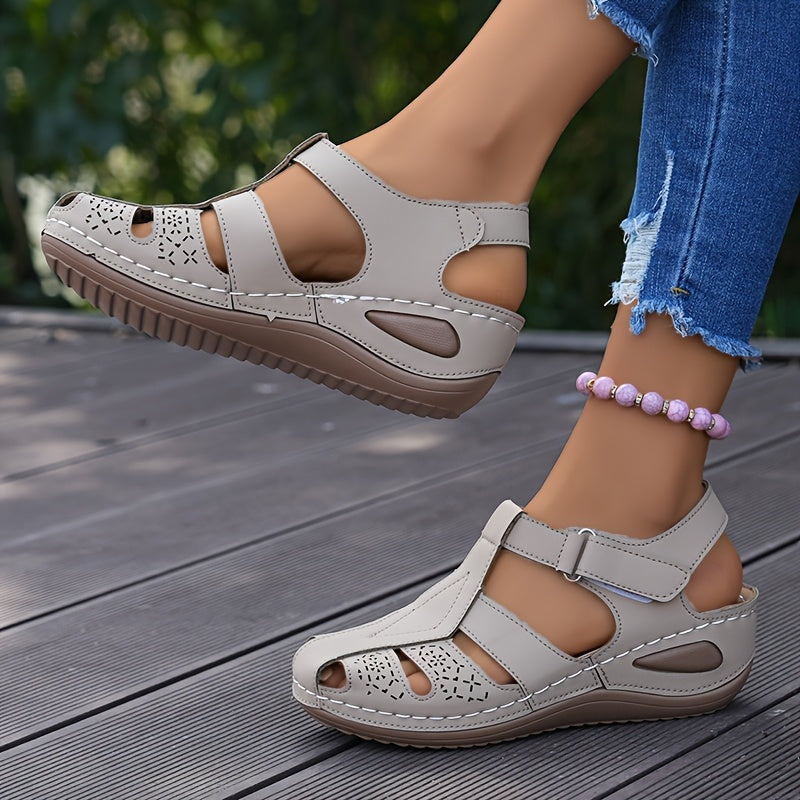 Closed Toe Cut Out Hook and Loop Wedge Sandals