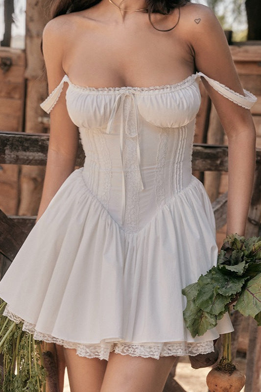 Off Shoulder Lace Trim Tie Front Corset Bodice Drop Waist Mini Dress