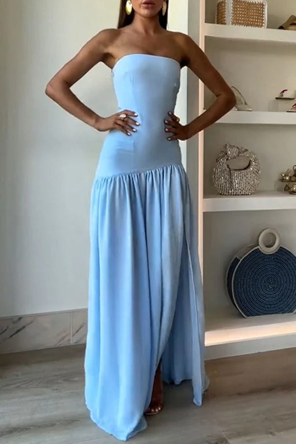 Strapless Drop Waist Gathered Skirt High Split Maxi Dress