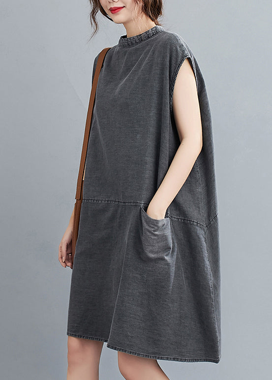 Stand Collar Cap Sleeve Front Patch Pocket Shift Mini Dress