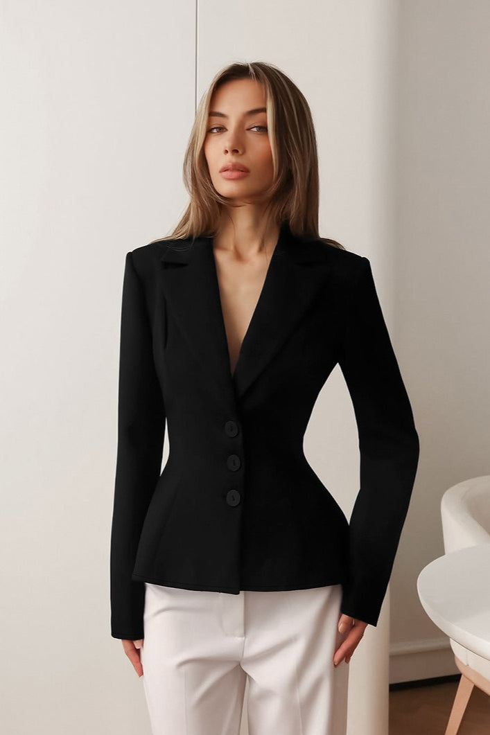 Deep V-Neck Notch Lapel Three Button Hourglass Waist Blazer
