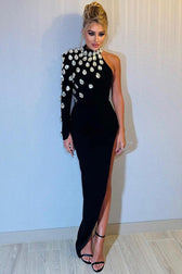 Rhinestone One Shoulder Long Sleeve Slit Bandage Cocktail Dress - View 3