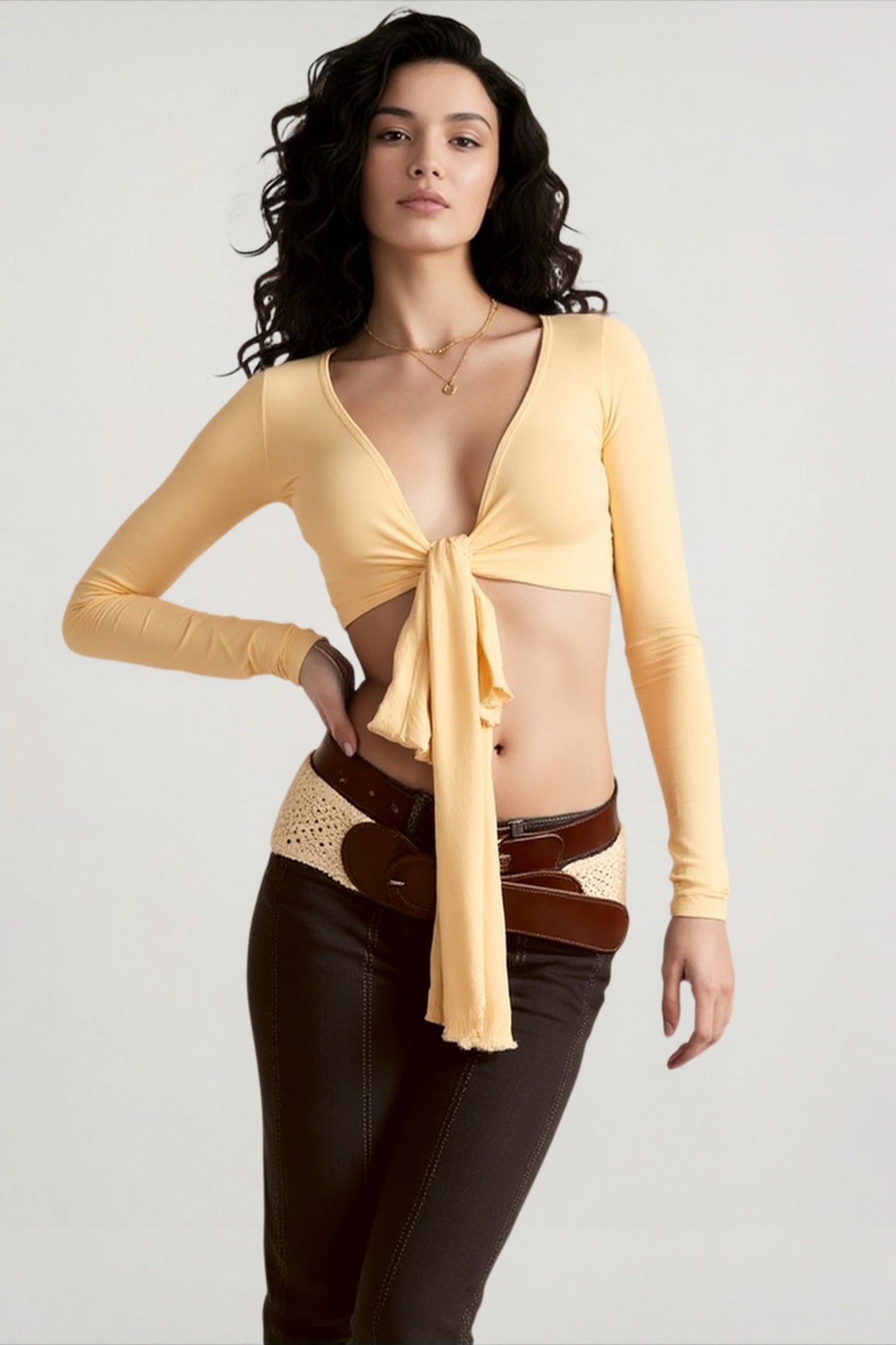 Wrap Tie V Neck Long Sleeve Cropped Crop Top