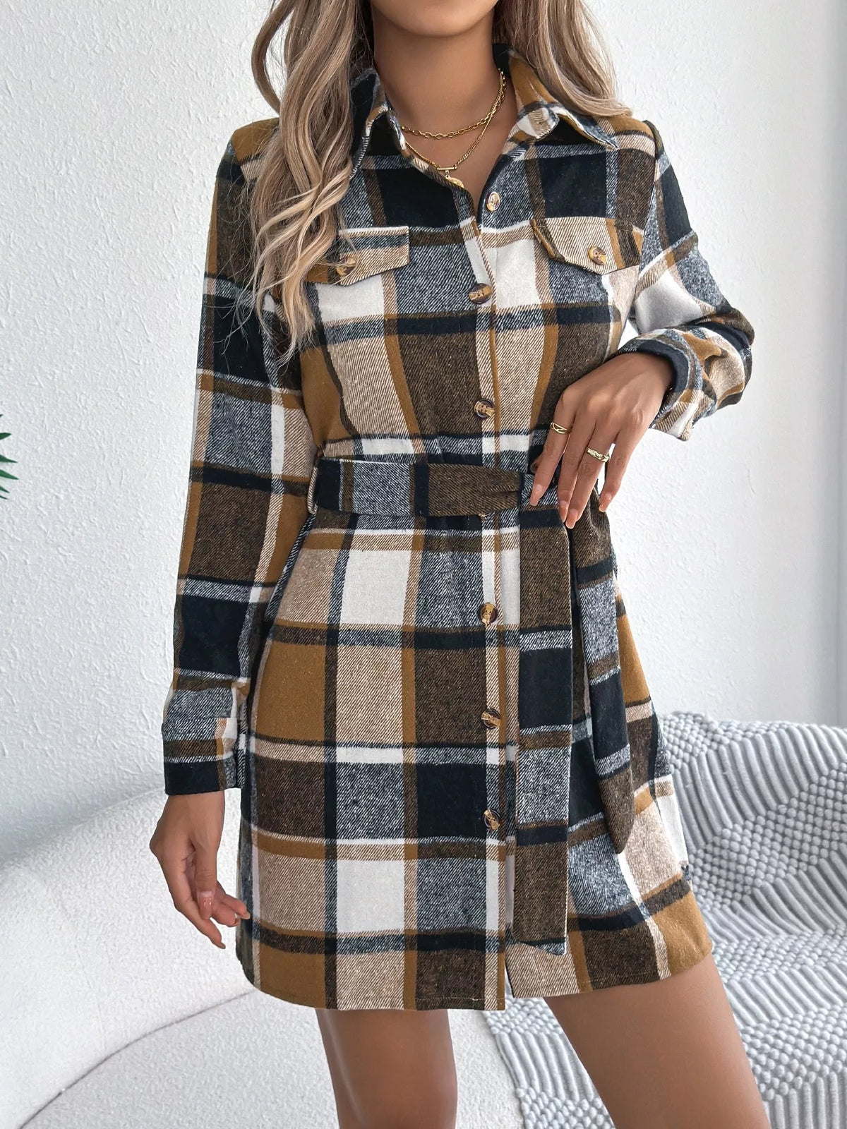 Plaid Button Front Tie Waist Shirt Dress
