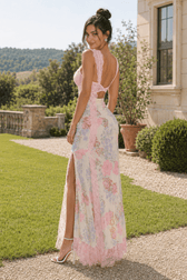 Sexy Lace Panel Cutout Slit Slim Long Floral Dress