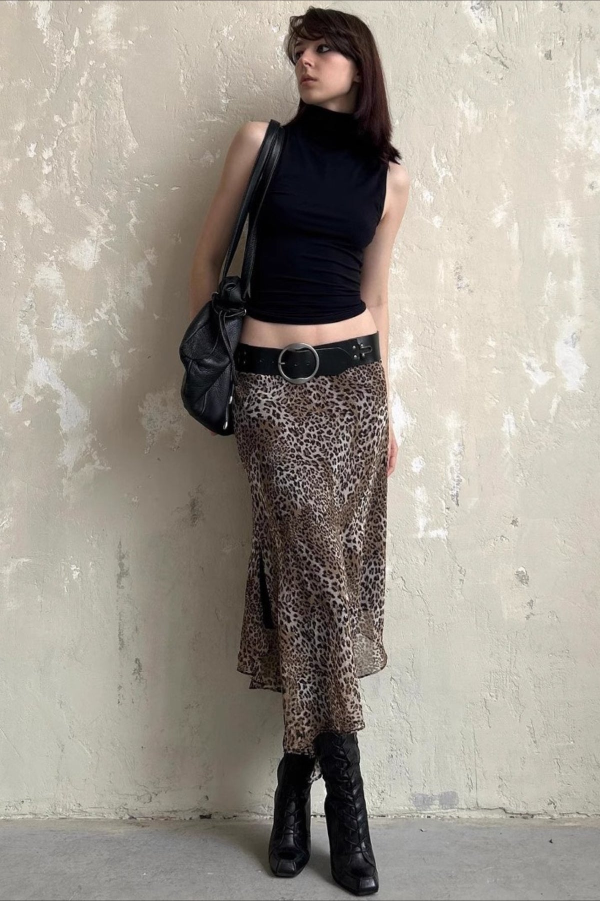 Leopard Print Sheer Mesh Layered Hem Low Rise Midi Skirt 3