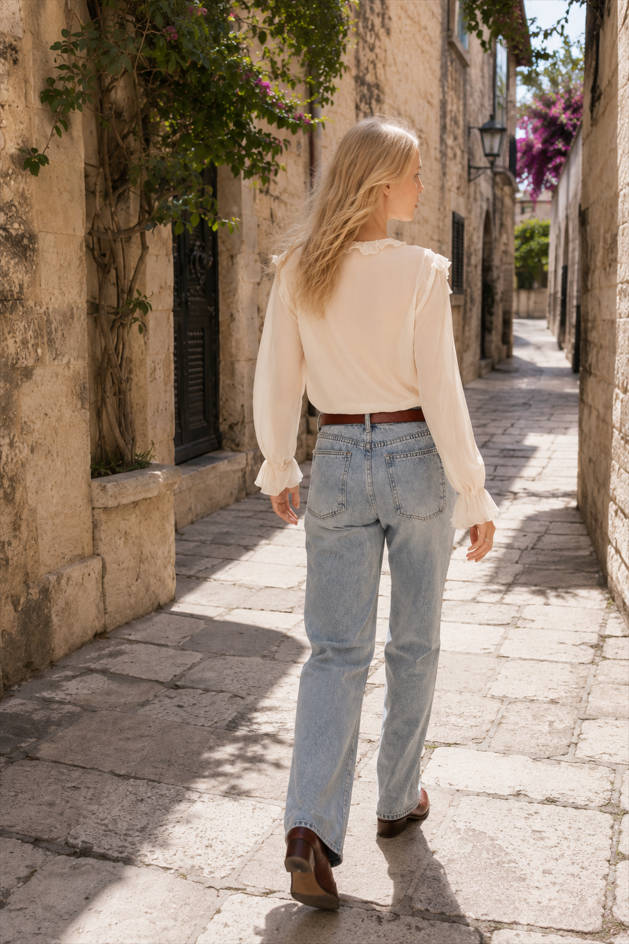 Semi-Sheer Ruffle Chiffon Breasted Blouse