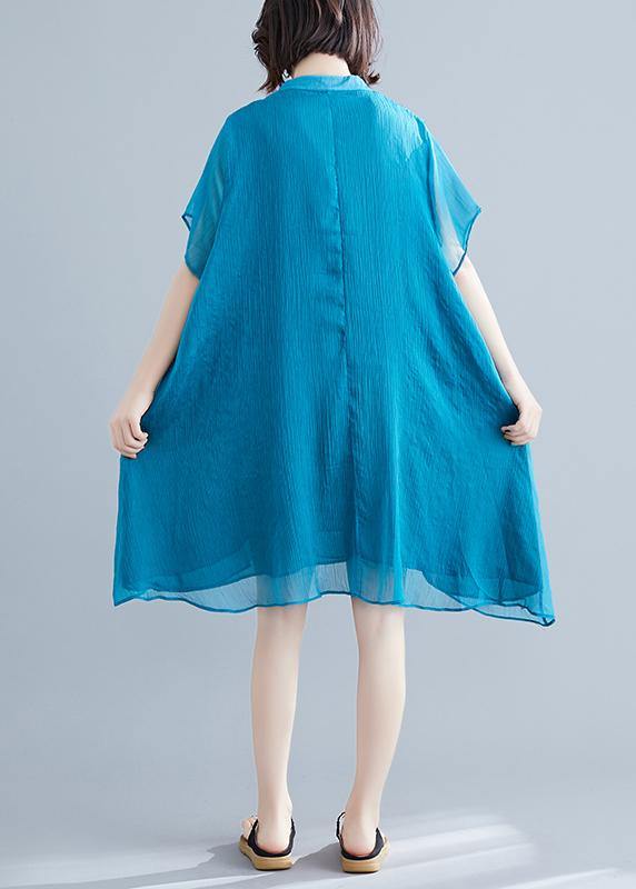 Stand Collar Tie Neck Cap Sleeve Ruffle Pocket Chiffon Mini Dress