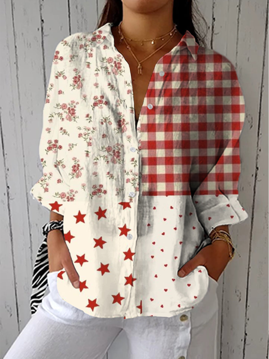 Patchwork Print Button Front Long Sleeve Shirt