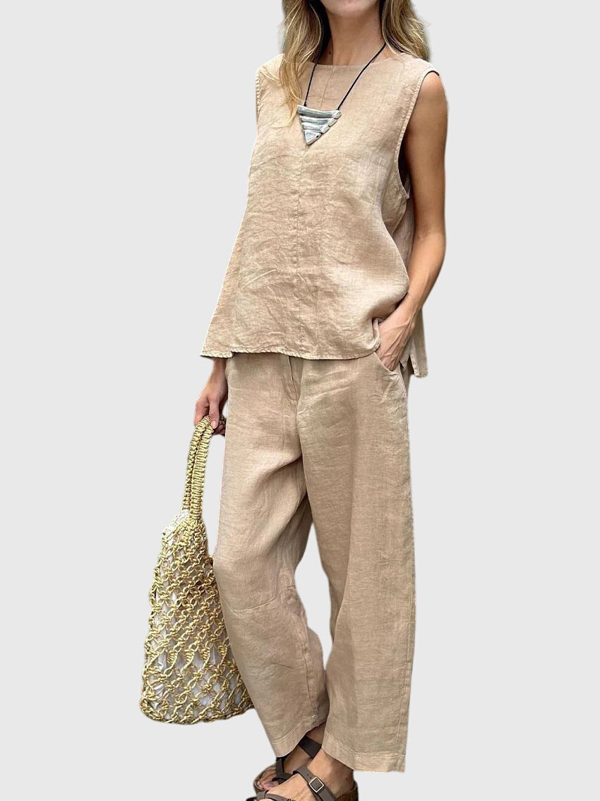 Sleeveless Crew Neck Top and Wide Leg Pants Two Piece Set