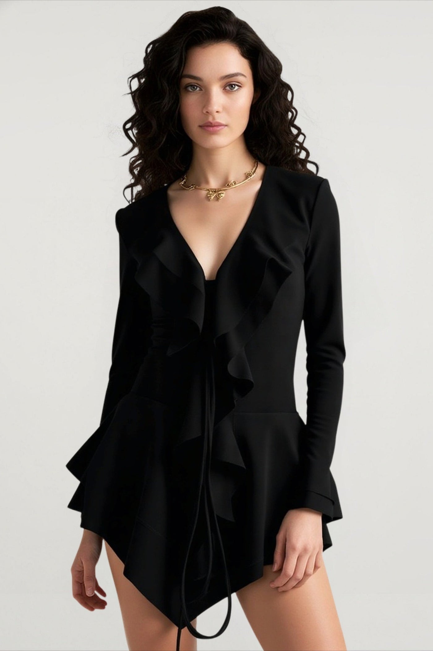 Solid V Neck Flounce Sleeve Waist Cinch Party Dress